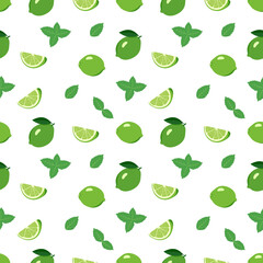 Cute seamless bright pattern of citrus fruits and mint leaves on a white background. Print with whole lime, slices. A set of fruits for a healthy lifestyle. Vector flat illustration of useful food