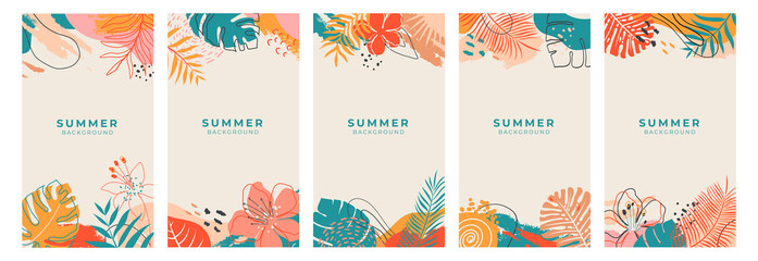 Set of colorful abstract summer backgrounds with tropical palm leaf for social media,banner,cover,poster,stories,card,post.Trendy vector template for your design with copy space for text. Summertime