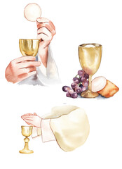 Watercolor illustration. Holy Communion, Last Supper. A bowl of wine, bread, grapes and ears of wheat. Easter service, Catholicism, Protestantism - obrazy, fototapety, plakaty