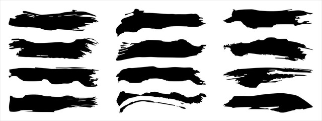 Vector collection of artistic grungy black paint hand made creative brush stroke set isolated on banner background. A group of abstract grunge sketches for design education or graphic art decoration