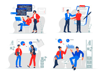 Set of business situations with characters. Business people working, brainstorming and collaboration, flat vector illustration isolated on white background.
