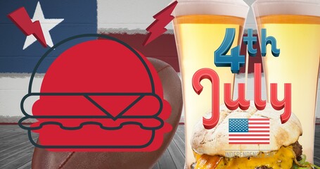 Composition of 4th of july text over hamburger, beer and american flag