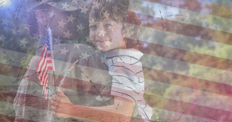 Composition of female soldier embracing smiling son over american flag