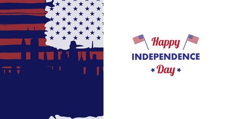 Composition of independence day text with american flag and cityscape