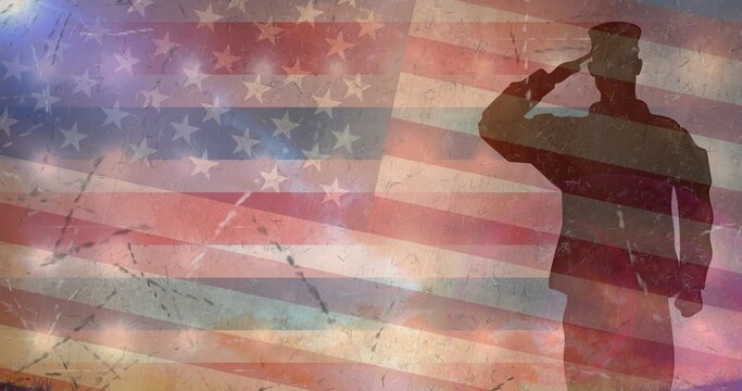 Composition of male soldier silhouette saluting over american flag