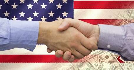 Composition of two men shaking hands over american flag and banknotes