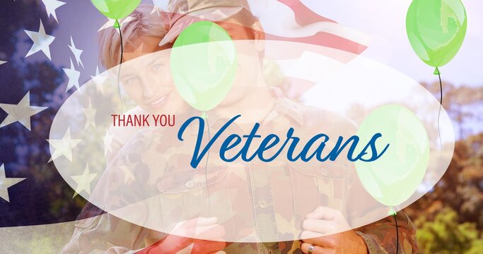 Composition of male soldier embracing smiling wife over veterans day text
