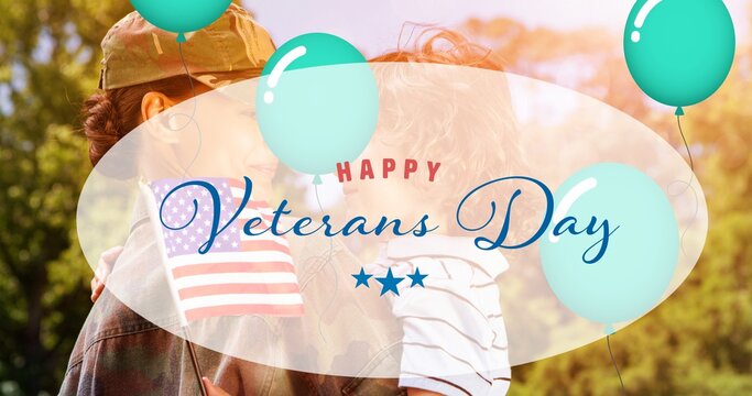 Composition of female soldier embracing smiling son over veterans day text