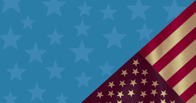 Composition of american flag and stars on blue background
