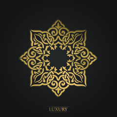 Gold arabic ornament greeting card on a black background. 
Black style background with golden frame. Template for logo, name of the company, typography. Golden luxury product label. Web icon banner