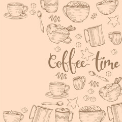 Hand-drawn sketch different coffee cooking and drinks.