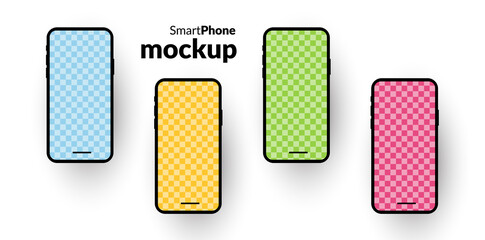Smartphone mockup for mobile devices, 4 coloured phones with photo placeholders, white background, place for photos, app promo, application marketing