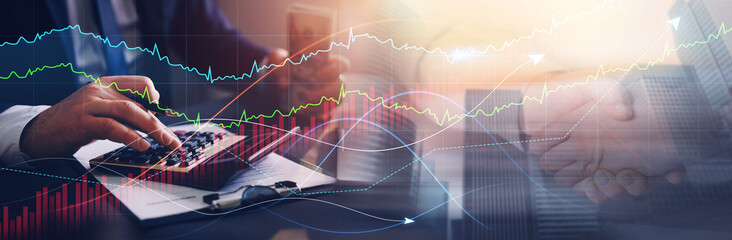 Businessman who calculates his income for partnership and development. Business digital graph. Cooperation and partnership business.