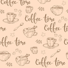 Detailed hand-drawn sketch different coffee cups and desserts on the beige background, vector illustration.
