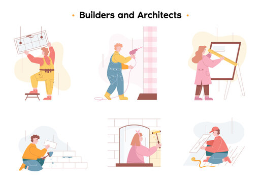 A team of technical workers and engineers. The builder paints the wall with a brush. The builder is laying bricks. A group of engineers, builders, and architects design and builds a new house.