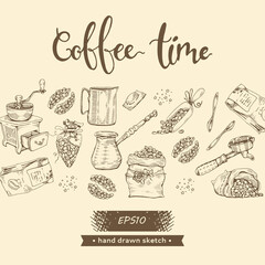 Picture of coffee seeds and tools. Coffee time.