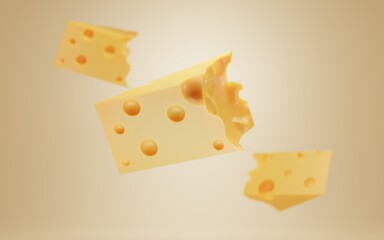 Triangular lump piece of hard cheese with holes. Swiss Emmental, dutch Edam or Gouda on isolated yellow background. Realistic 3d illustration for ad and design dairy products, national cheese day