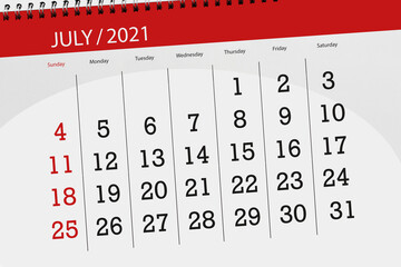Calendar planner for the month july 2021, deadline day - obrazy, fototapety, plakaty