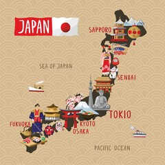 Decorative tourist map of Japan with traditional symbols of culture, art, history, architecture. Silhouette of the asian country isolated on beige. Banner concept about tourism. Vector illustration
