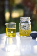 Test tube and bottle with packaged serum, natural cosmetics concept