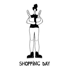 Vector illustration. Woman shopping with shopping cart. Cartoon character.