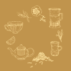 Hand-drawn sketch tea leaves and different tools.