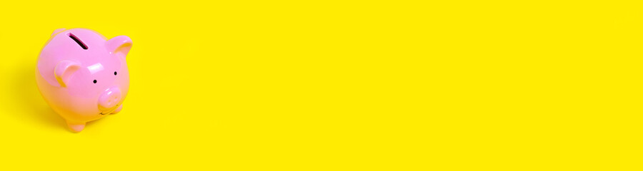 Panorama Banner Pink Piggy Bank on Yellow Background