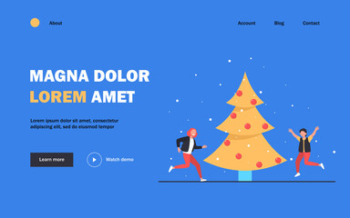Happy kids jumping near Christmas tree. Children, evergreen, holiday flat vector illustration. Celebration and New Year Eve concept for banner, website design or landing web page
