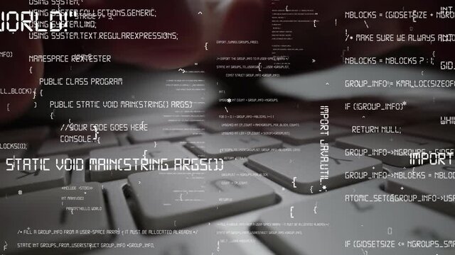 Creative visual of computer programming coding and software development shown by man working on computer keyboard with overlay of computer graphic displaying abstract program codes and computer script
