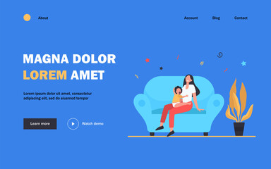 New mom holding kid on lap. Mother and toddler with pacifier sitting on couch at home flat vector illustration. Motherhood, maternity leave concept for banner, website design or landing web page