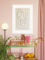 3d render of a modern brass ans pink mini bar trolley cart with glasses, drinks, a minimal art frame and an exotic plant © Michael