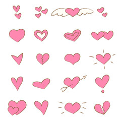 Fototapeta na wymiar Set of cute hand drawn pink hearts, isolated vector illustration on white background