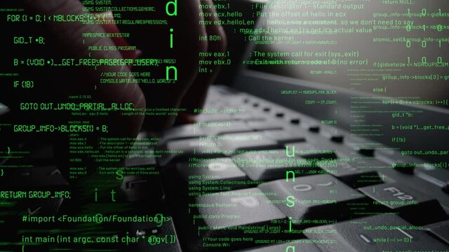 Creative visual of computer programming coding and software development shown by man working on computer keyboard with overlay of computer graphic displaying abstract program codes and computer script