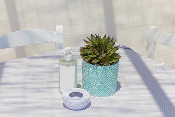 Table For Two. Isolated. Copy Space. Table out in the sun with a small cacti , sanitising bottle and ashtray .  Stock Image.