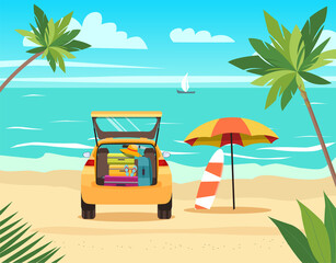 Car, suitcase, bags and other luggage, palm trees and umbrella beach. Vector flat style illustration