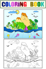 Set of coloring book and color picture. Green island with volcanoes.