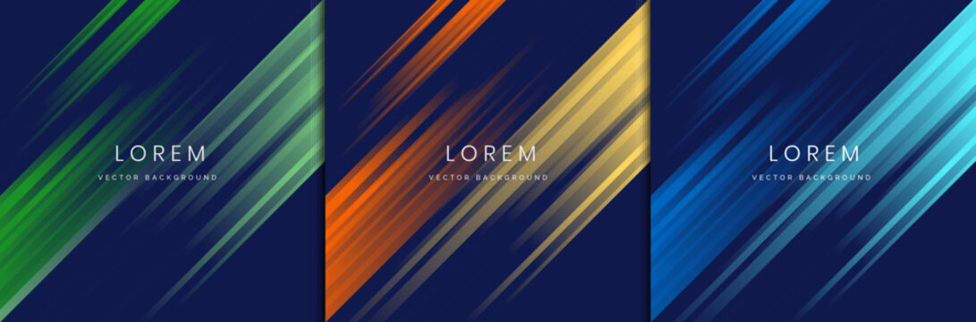 Set of abstract orange, green, blue, gradient stripe diagonal lines light on dark blue background.