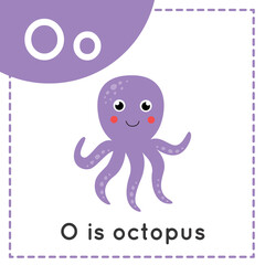 Learning English alphabet for kids. Letter O. Cute cartoon octopus.