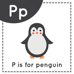 Learning English alphabet for kids. Letter P. Cute cartoon penguin.