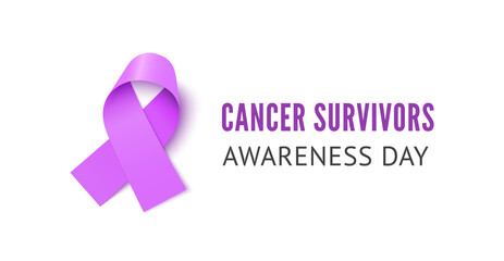 Cancer survivors awareness ribbon banner vector illustration. Lavender realistic ribbon wit space for text