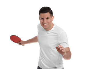 Handsome man with table tennis racket on white background. Ping pong player