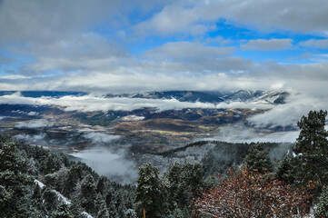 November snowfall in La Cerdanya, seen from Masella ski station (Cerdanya, Catalonia, Spain, Pyrenees)