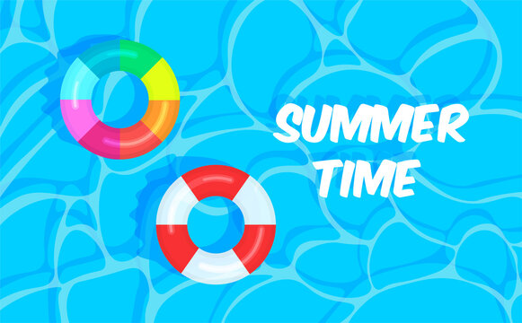 Swimming pool summer background with colorful lifebuoys. Summer time concept. Pool party template banner. Float rings. Vector illustration in trendy flat style.	