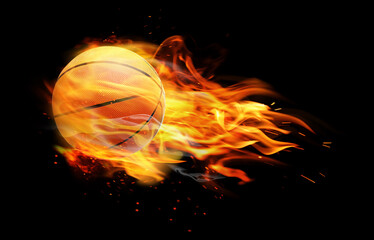 Basketball ball with bright flame on black background
