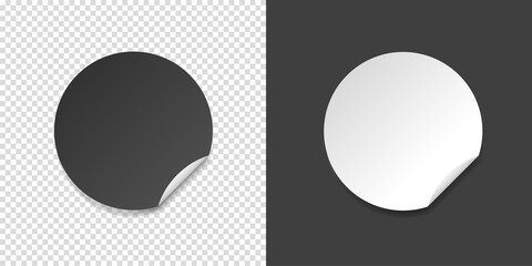 White and black round folded edge sticker. Empty paper price tag templates with peeling corner. Blank layout for any notes. Vector illustartion isolated on transparent and black backgrounds.	