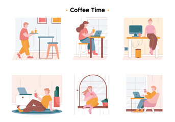 People drink coffee in different places. A girl with a bundle on her head sits on an armchair and drinks coffee. Man ordering coffee at a bar. Businesswoman resting and drinking coffee at lunch.