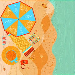 The beach features a camera,sunglasses, a sunbed, a hat, and flip-flops.