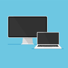 Cartoon computer monitor and open laptop. Empty or blank screen display isolated on blue background. Mock up of equipment for office. Vector illustration in trendy flat style.
