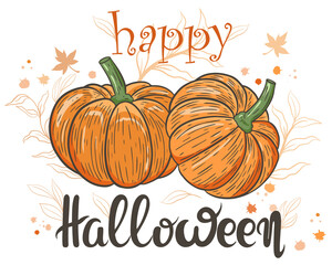 Happy halloween card, vector. Banner with pumpkins, maple leaves, branches and spots. Autumn traditional holiday. Hand lettering, fall background.