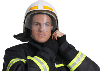 Portrait of firefighter in uniform wearing helmet on white background